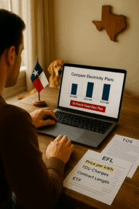 Texas homeowner comparing the cheapest electricity rates and 12-month fixed-rate plans on a laptop with EFL documents on the table.